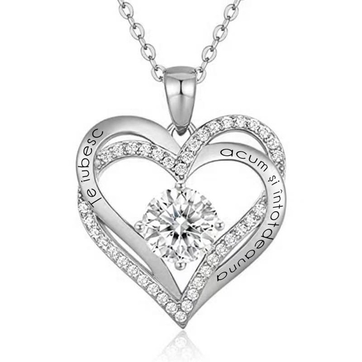 Colier Argint 925. JOYSTOS, cu Pandant London Heart Placat cu Aur Alb 14K, si Piatra de Zirconiu, Cu Mesajul ”Te iubesc acum si intotdeauna”, si Impachetare Premium Inclusa