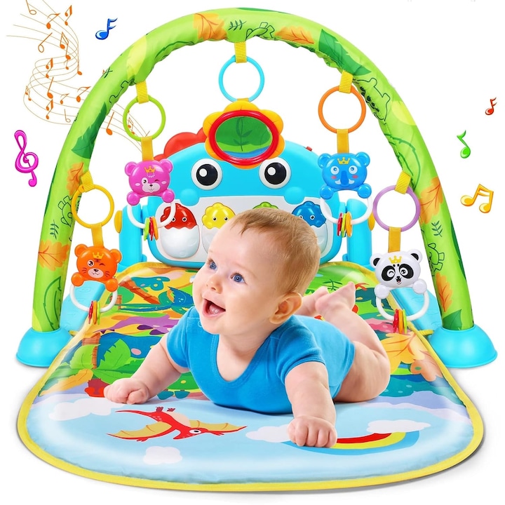 Covoras de activitati pentru bebelusi Giftry®, model dinozaur, multifunctional, interactiv, 5 jucarii senzoriale, muzica si lumini, verde, 0 luni +