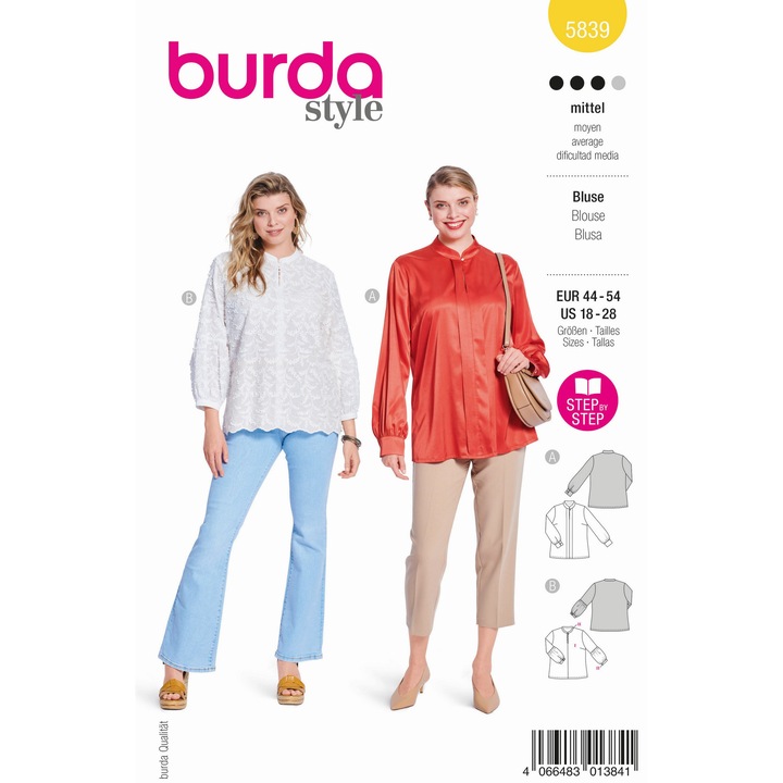 Tipar de croitorie bluza pentru femei cu nasture pe decolteu despicat, Burda Style, 5839