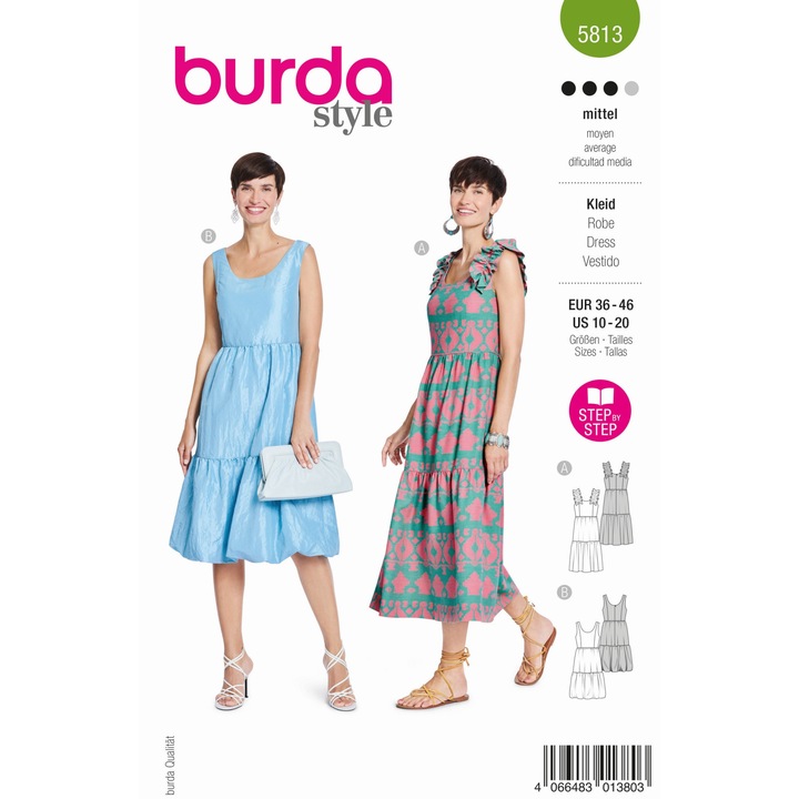 Кройка за дамска рокля с волани на презрамките и изрезка по тялото Burda Style 5813