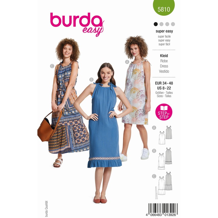 Tipar de croitorie rochie pentru femei cu bretele la umeri si volan la tiv, Burda Style, 5810