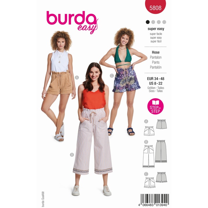 Tipar de croitorie pantaloni lejeri pentru femei cu diverse lungimi, incretiti in talie, Burda Style, 5808