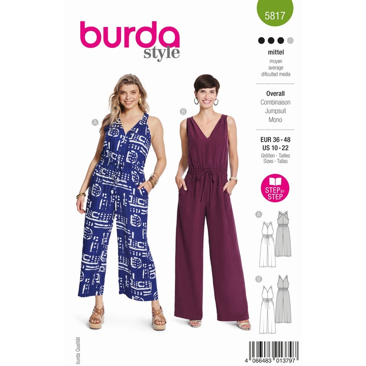 Tipar de croitorie salopeta eleganta pentru femei cu decolteu, buzunare si bretele cu volane, Burda Style, 5817