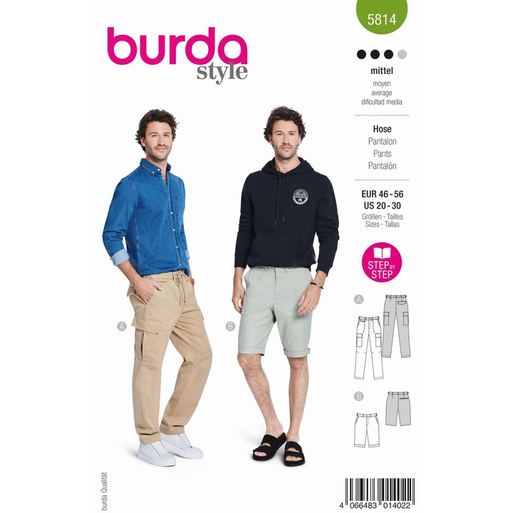Tipar de croitorie pantaloni pentru femei cu buzunare si pliuri, Burda Style, 5814