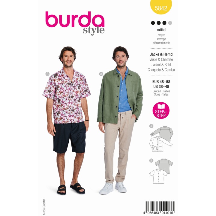 Ежедневна мъжка риза с къс ръкав и големи джобове Burda Style, 5842