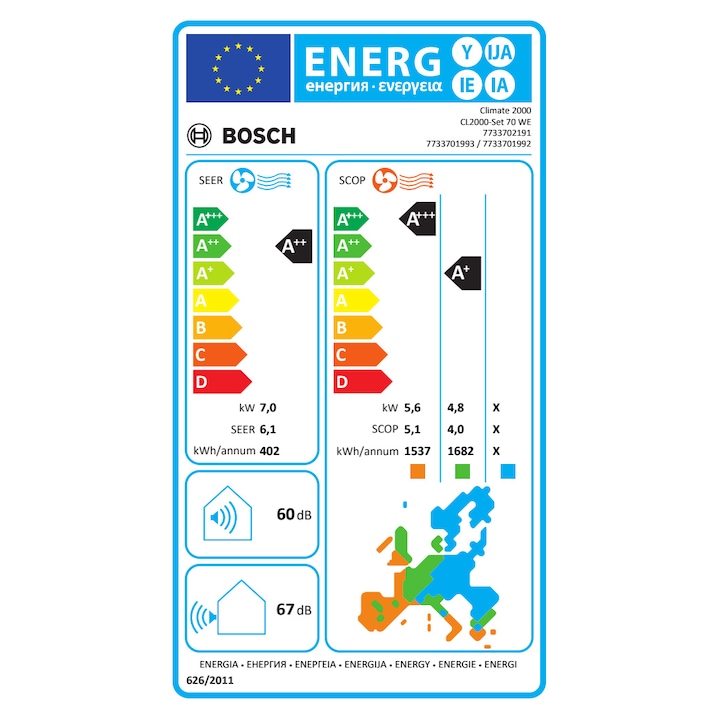 Aparat de aer conditionat Bosch Climate 2000i, 24000 BTU, A++/A+, Filtru catalizator rece, functie Wind avoid me, functie Follow-me, Wi-Fi Ready, alb