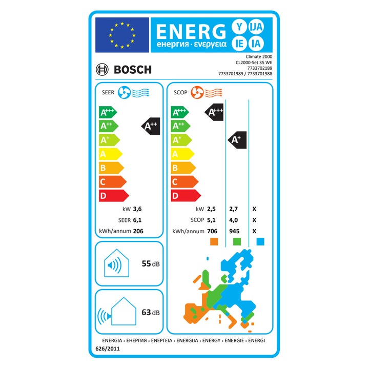 Aparat de aer conditionat Bosch Climate 2000i, 12000 BTU, A++/A+, Filtru catalizator rece, functie Wind avoid me, functie Follow-me, Wi-Fi Ready, alb
