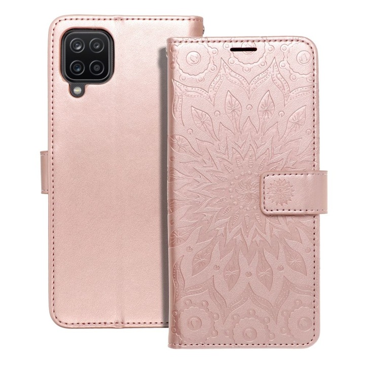 Samsung Galaxy A12 / A12 Nacho / M12 kompatibilis könyvtok, bankkártyatartós, mágneszáras, mandala mintás, rose gold, Forcell Mezzo