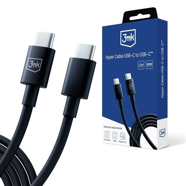 3MK Hyper USB-C / USB-C adatkábel, 100 W, 1,2 m, fekete