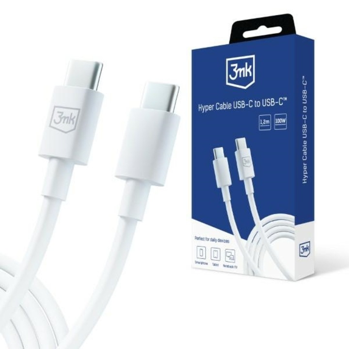 Cablu de date 3MK Hyper USB-C / USB-C, 100W, 1.2m, alb