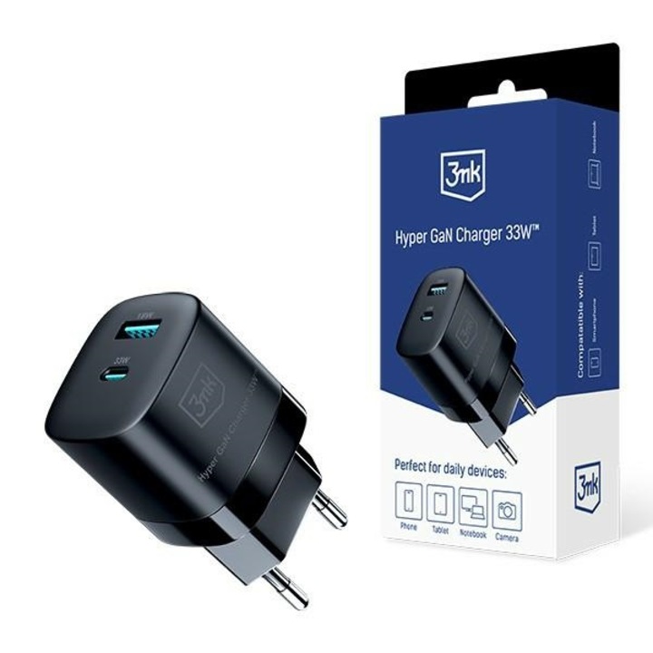 3MK Hyper GaN hálózati töltő, USB-A 18W, USB-C 33W, fekete