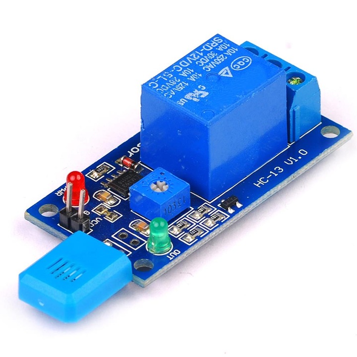 Modul releu, Ajmaker, senzor umiditate HR202, 10A/250V AC, 5V, 50x26x19mm, Albastru