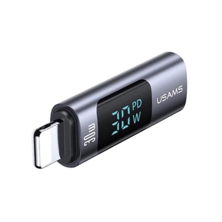 USAMS AU18 Lightning - Type-C adapter digitális kijelzővel 30W - szürke