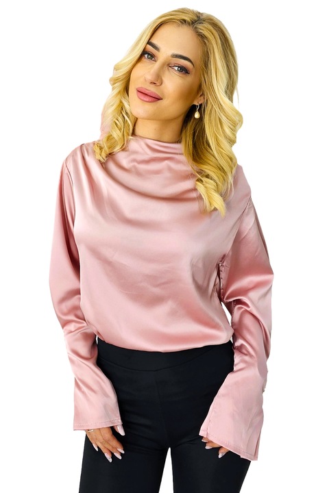 Bluza satinata Tasha, cu maneca lunga evazata si butoni decorativi tip perla, Peach Fuzz, Marime universala S/M