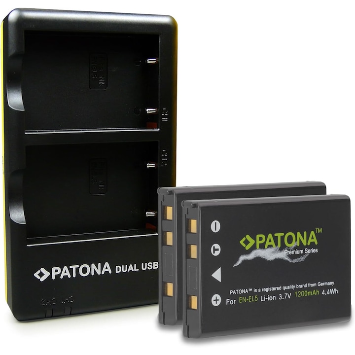 Patona kettős USB töltőcsomag, 2 db Patona Premium EN-EL5 akkumulátor Nikon CoolPix 3700, 4200 és Smardy mikroszálas fényképezőgépekhez
