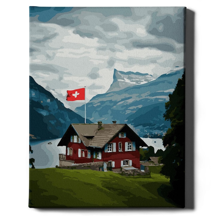 Комплект рисуване по номера, Home in Switzerland - памучно платно, дървена рамка, 40x50 см Oh Art! - 3 четки и акрилни бои