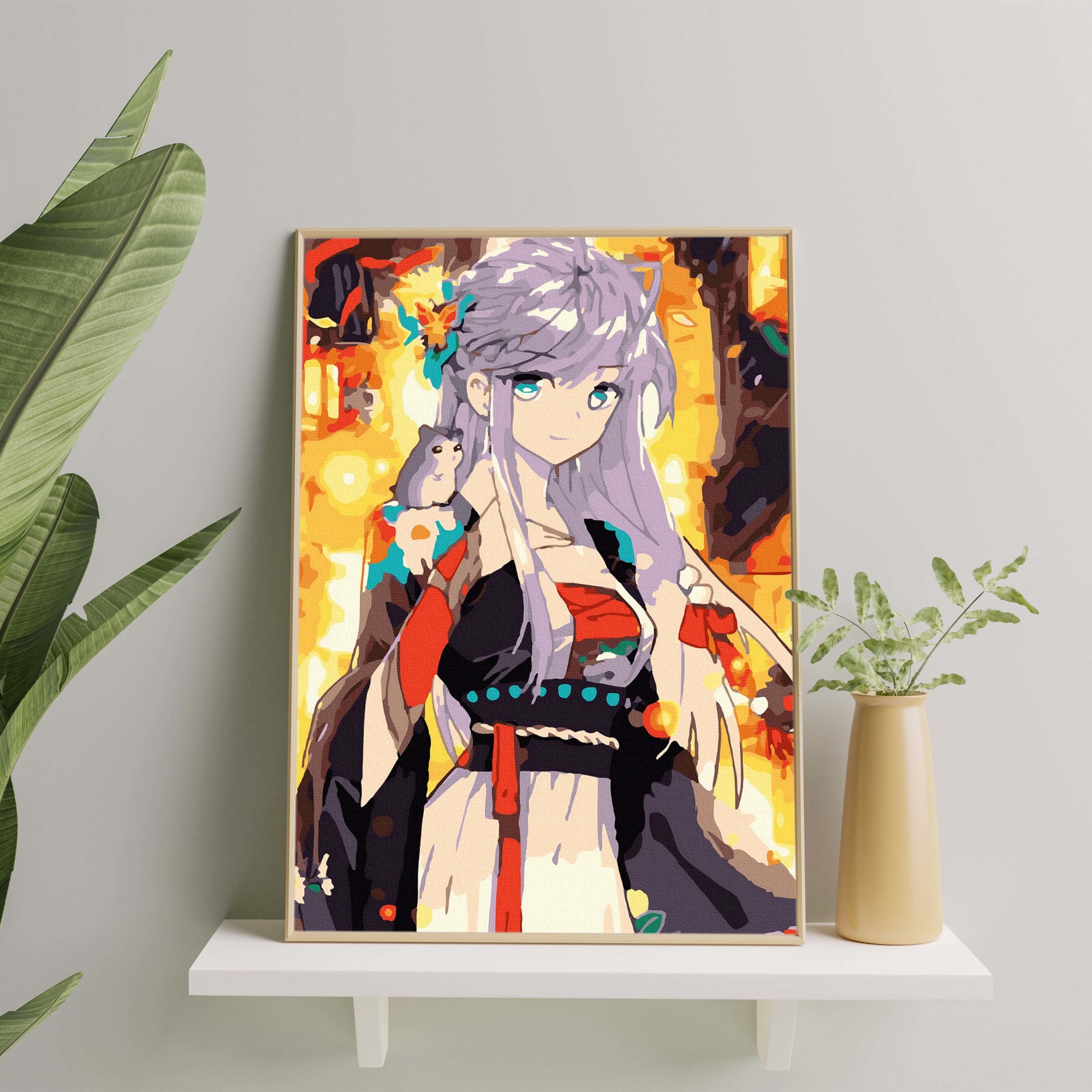 Комплект рисуване по номера, Anime Girl - памучно платно, дървена рамка,  40x50 см Oh Art! - 3 четки и акрилни бои - eMAG.bg