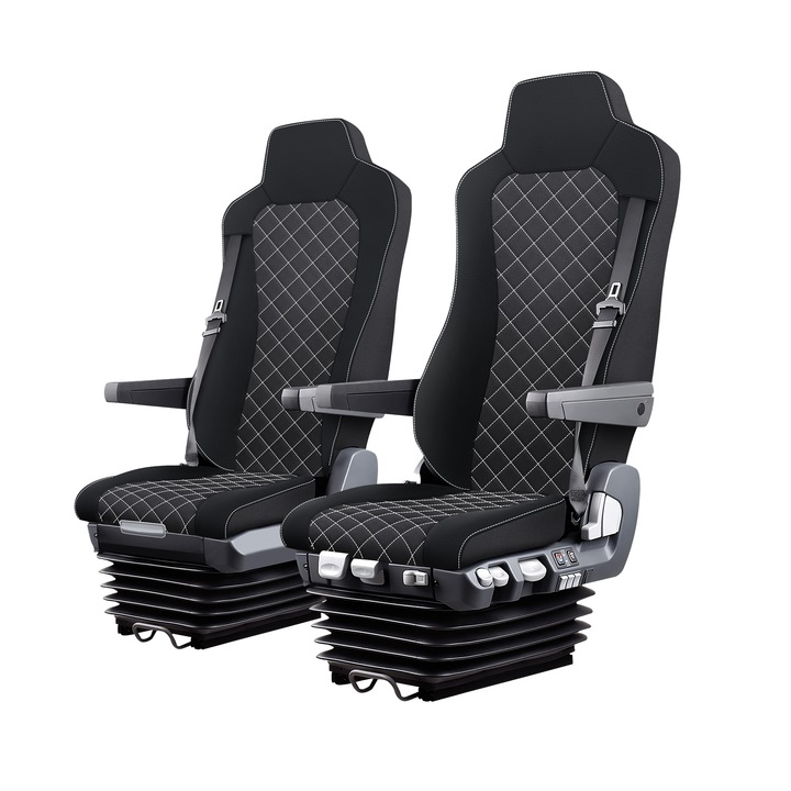 Set Husa Scaun Camion Avantgard, Lux Piele si Textil, Negru cu Cusaturi Romb Albe, pentru MAN TGX, TGA, Euro6, Euro5, 4 piese, cu scaune TYP2