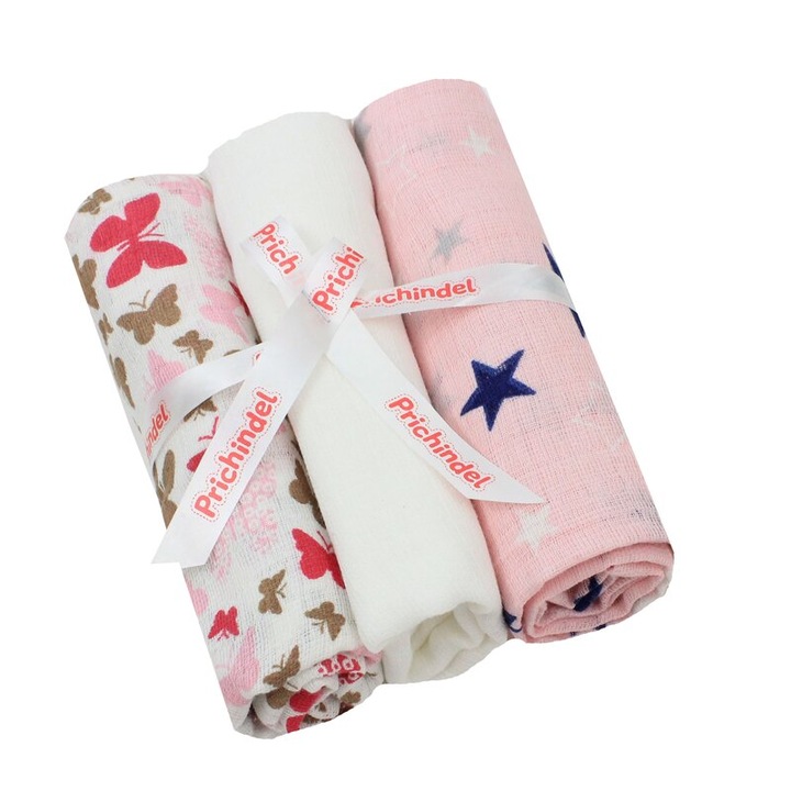 Set 3 scutece, muselina, Butterfly roz si stele, multicolor, 75 x 70 cm