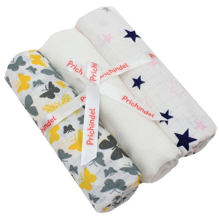 Set 3 scutece, Butterfly galben si stele roz, muselina, multicolor, 75 x 70 cm