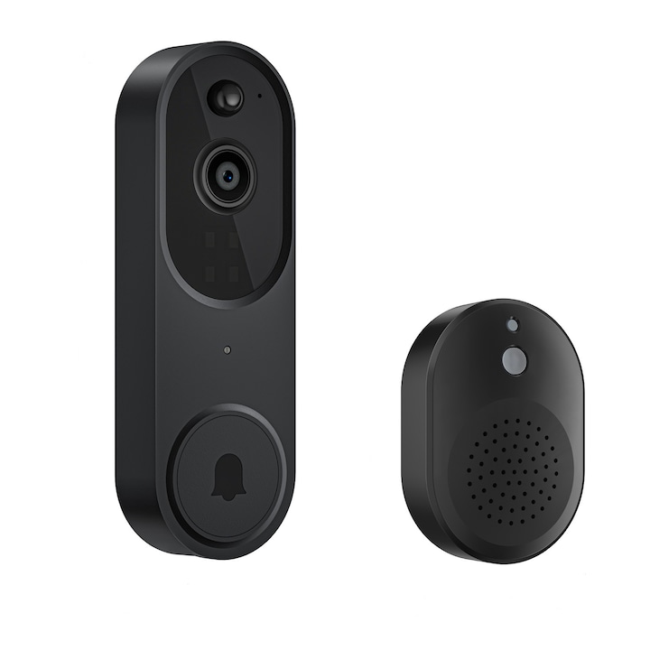 Vezeték nélküli video kaputelefon, vezeték nélküli intelligens csengő, emberérzékelés, kiváló éjszakai látás, Full HD, 2 audio csatorna, akkumulátor, mikrofon, megfigyelő funkció, lakásajtóhoz, kapu, udvar, kültéri, fekete