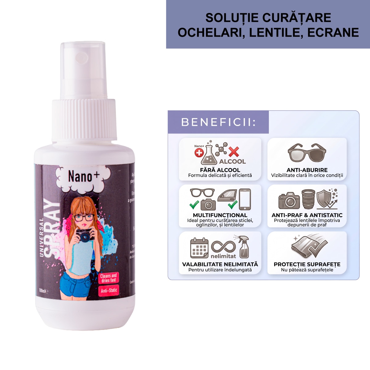 Solutie curatare ochelari, lentile Nano +, fara alcool