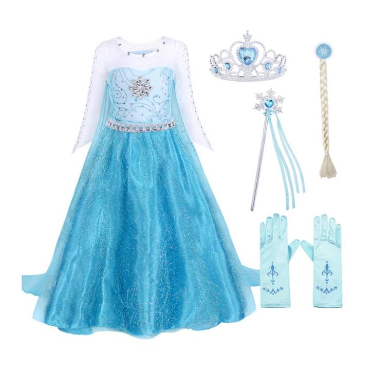 Set rochie si accesorii Elsa- Frozen, Halloween, Cosplay, Craciun, Carnaval, Paste, Ziua Copilului, ANTCOOL marimea M ( 5-7 ani )110-120 cm