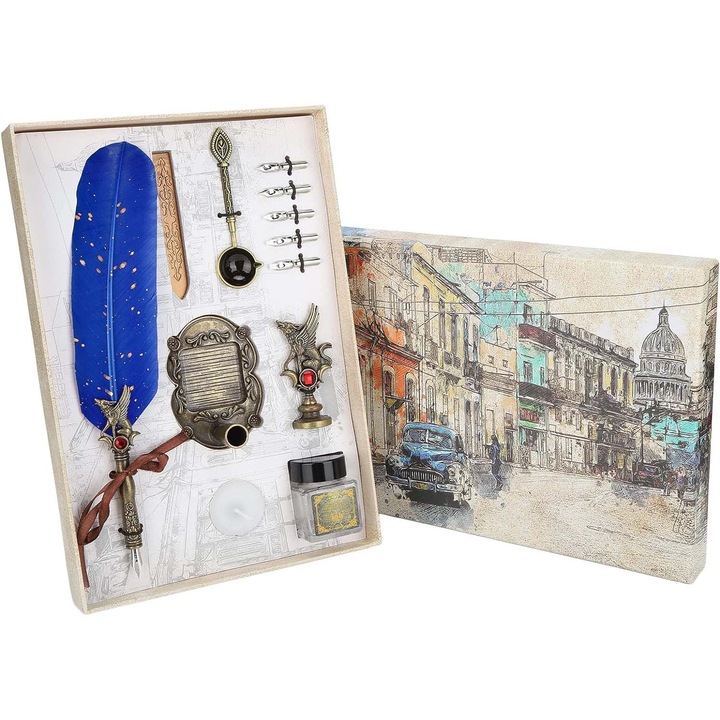 Set Stilou Vintage cu Pana de Gasca， Ceara de foca, stampila, lingura, 5 penite si suport, 19X28X2cm, Pene/aliaj, Vaxiuja, Albastru