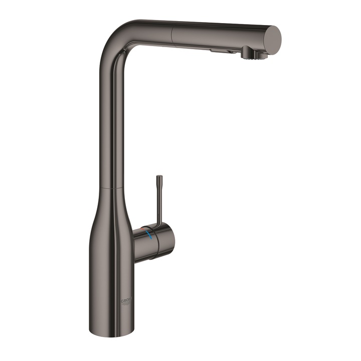 Baterie bucatarie Grohe Essence 30504A00, 3/8'', inalta, tip L, dus, 2 functii, lucios, grafit