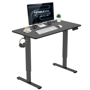 Birou reglabil pe inaltime StableDesk Lite, 1 motor, Ridica 70kg, Inaltime cadru 72-122 cm, 3 Functii de Memorie, Sistem Anti-Coliziune, Blat din 2 bucati, Colturi rotunjite, 2 carlige suport casti/geanta, Gaura cabluri in blat - Blat Negru 120x60 cm