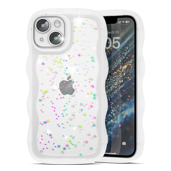 Telefontok, iPhone 15-tel kompatibilis, Model Kawaii Bling Sparkle Glitter, Szilikon, Fehér