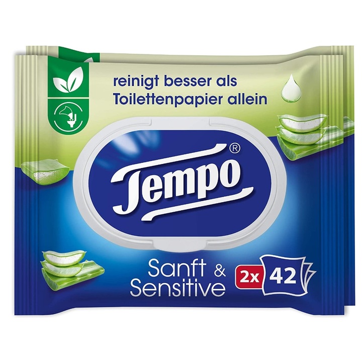 Set 2 pachete hartie igienica umeda, Tempo, 2 straturi, 2 x 42 bucati