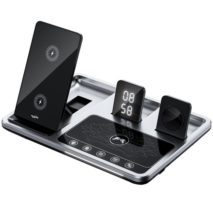Zimmo® vezeték nélküli töltő 4 az 1-ben töltőállomás típusa, Qi Fast Charge 15 W funkció, univerzális okostelefon-kompatibilitás, vezeték nélküli fejhallgató és okosóra, fekete