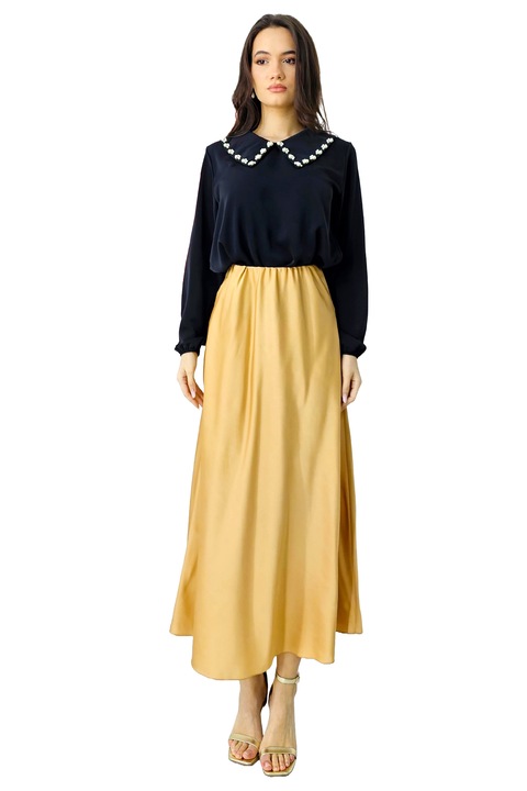 Penelope elegáns szoknya, szatén textúrával és hosszú szabással, Bézs, Univerzális méret S/M/L