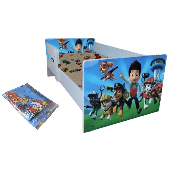 Pat copii Patrula catelusilor, 144x76 cm, saltea inclusa, lenjerie inclusa