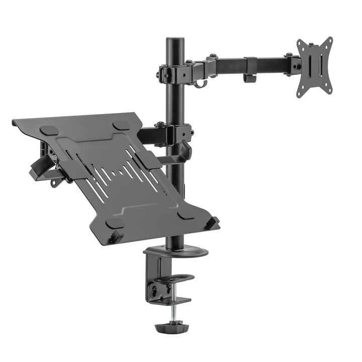 Suport Laptop si Monitor 17-32" inch pana la 9 kg, Laptop pana la 4 kg, StableArm Saver Duo, Solid, Slim si Usor reglabil, Organizator cabluri, Stil Minimalist pentru Birou Office, Gaming, Prindere cu clema/surub in blat, VESA 100x100/75x75 - Negru