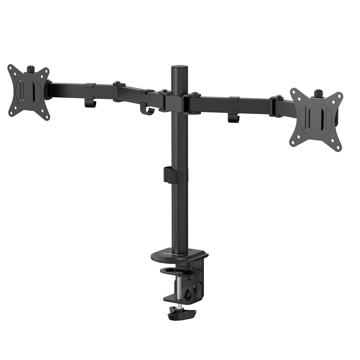 Suport 2 monitoare 17-32" inch, StableArm Saver Duo, Pana la 9 kg/ecran, Solid, Slim si Usor reglabil, Organizator cabluri, Stil Minimalist pentru Birou Office, Gaming, Prindere cu clema/surub in blat, VESA 100x100/75x75 - Negru