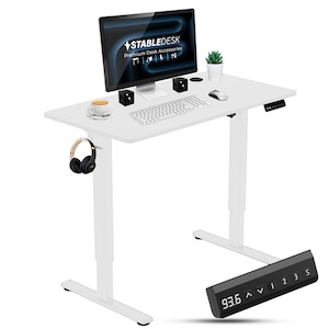 Birou reglabil pe inaltime StableDesk Lite, 1 motor, Ridica 70kg, Inaltime cadru 72-122 cm, 3 Functii de Memorie, Sistem Anti-Coliziune, Blat din 2 bucati, Colturi rotunjite, 2 carlige suport casti/geanta, Gaura cabluri in blat - Blat Alb 120x60 cm