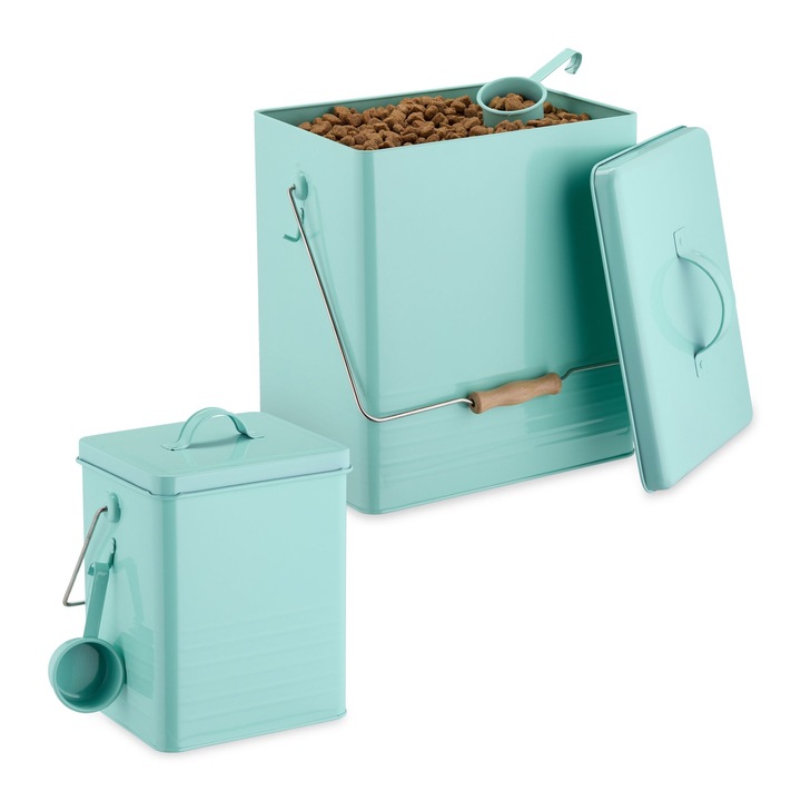 Set 2 recipiente pentru hrana animale/diverse, 5, 5 l si 16 l, capace si manere, din fier, turcoaz