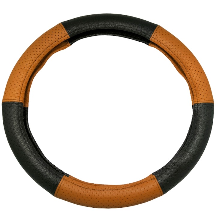 Husa volan din piele neagra si maro cu perforatii si manson aderent, diametru 37-38 cm