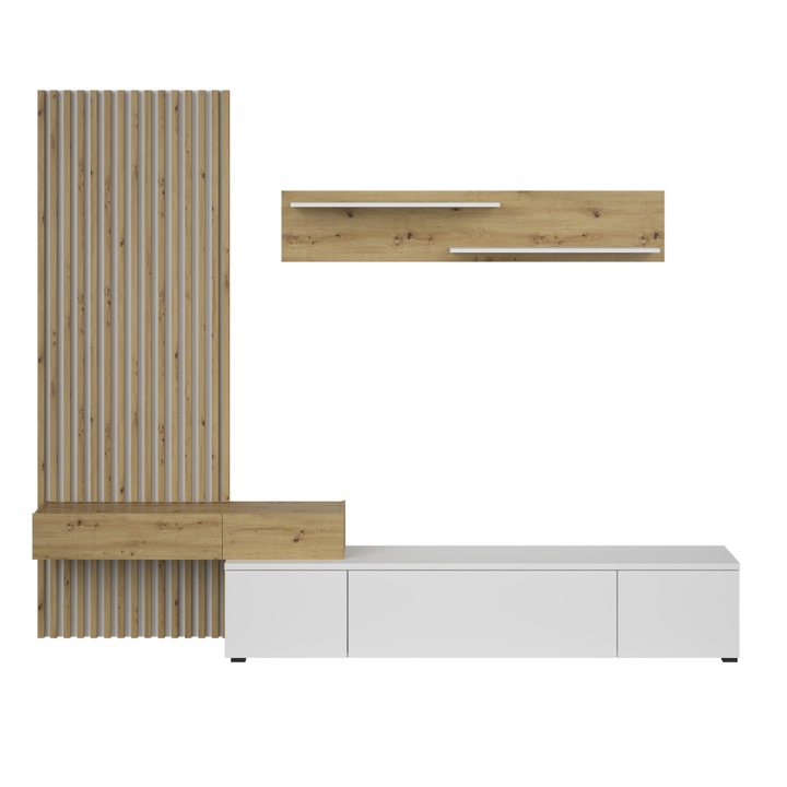 Set living alb/stejar artisan, 249,5x42x199,5 cm, cu polite și sertare, design modern, PAL melaminat