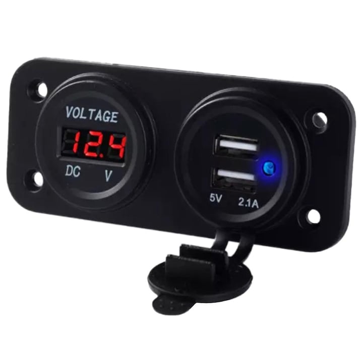 Voltmetru auto cu 2 x porturi incarcare usb, pentru vehicule offroad, atv, ssv, quad, moto sau utilaje agricole, 12v