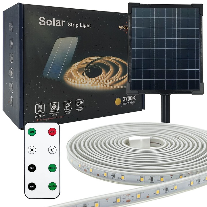 Kültéri napelemes LED szalag 10 méter 3,2 V 4000 mAH, kültéri napfény, 60 LED/M, távirányító, 12 órás üzemidő, meleg fény 2700 K