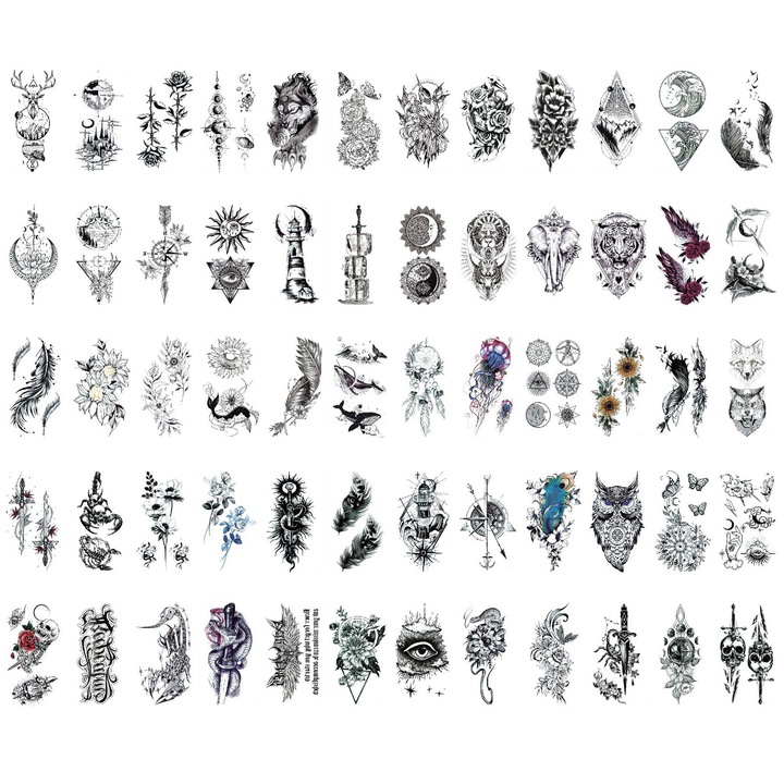 Set 60 de autocolante pentru tatuaje, Axroad Mall, Rezistente la apa, Non-toxice si sigure, Usor de utilizat si indepartat, Pentru brate, dosul mainii, picioare, gat, 5.7cmx9.7cm, Negru inchis