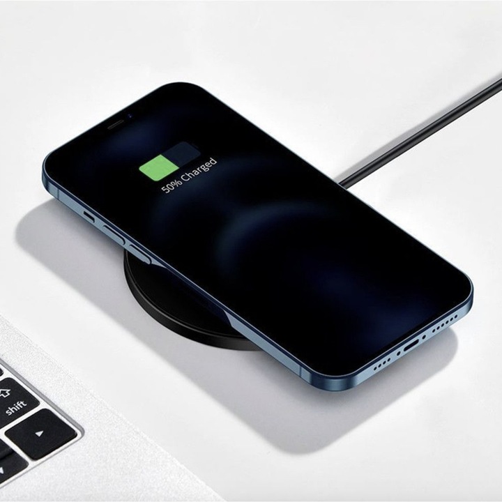 Mágneses vezeték nélküli töltő MagSafe WaltStore® technológiával, 15 W gyorstöltés, iPhone 15/14/13/12, AirPods Pro, Samsung, Huawei, LG, fekete