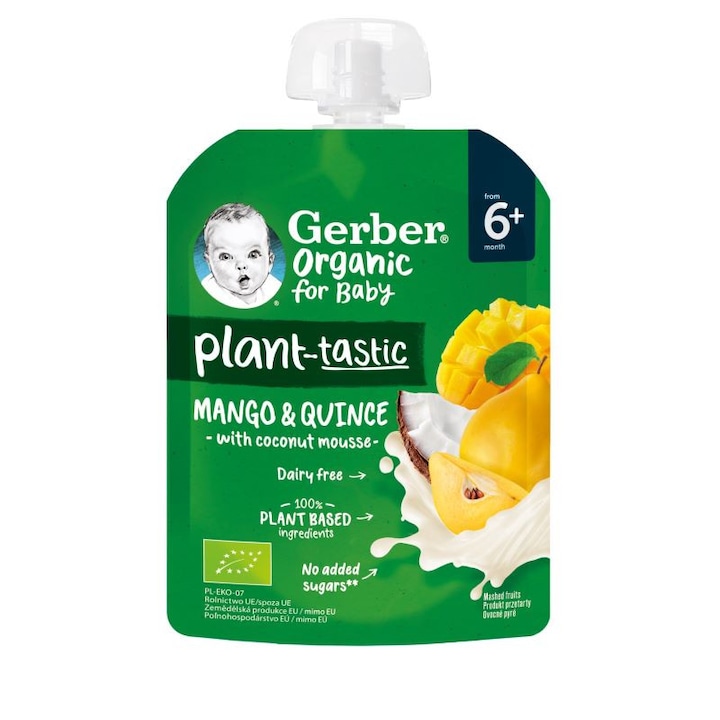 Пауч, Gerber Organic for baby Plantastic, Храна за бебета, пюре от манго и дюля с кокосов мус, 80g