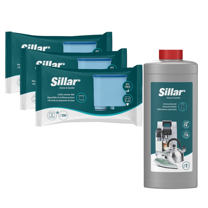 Eszpresszógép karbantartó készlet, 3 x vízszűrő/vízkőoldó 1000 ml, megfelelő CA6700 CA6903/10, Sillar, kompatibilis a Philips Saeco géppel