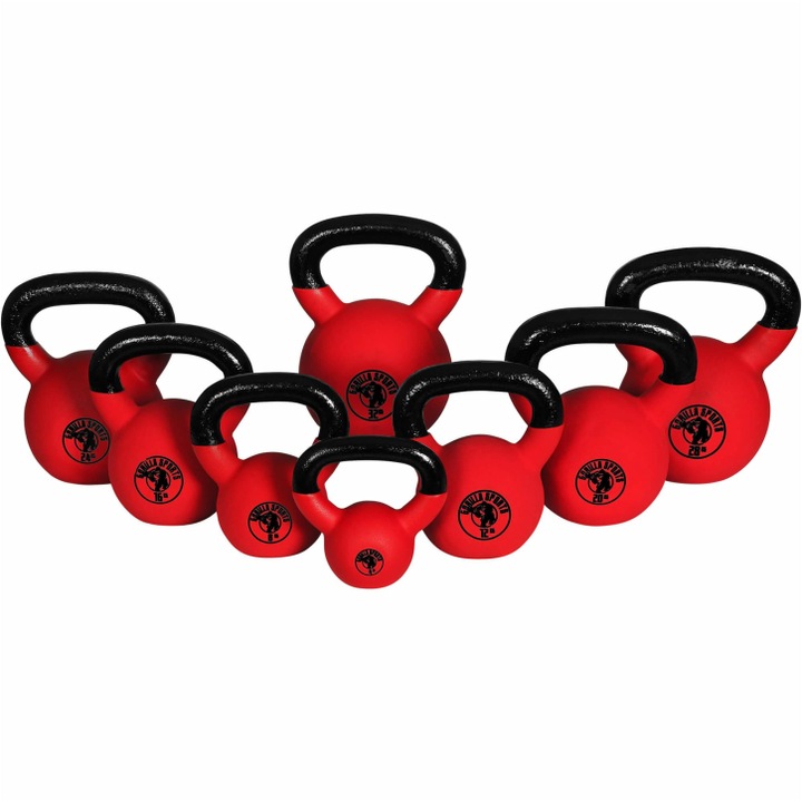 Set Complet Kettebell, din fonta turnata cu invelis de cauciuc, 144 Kg, Gorilla Sports