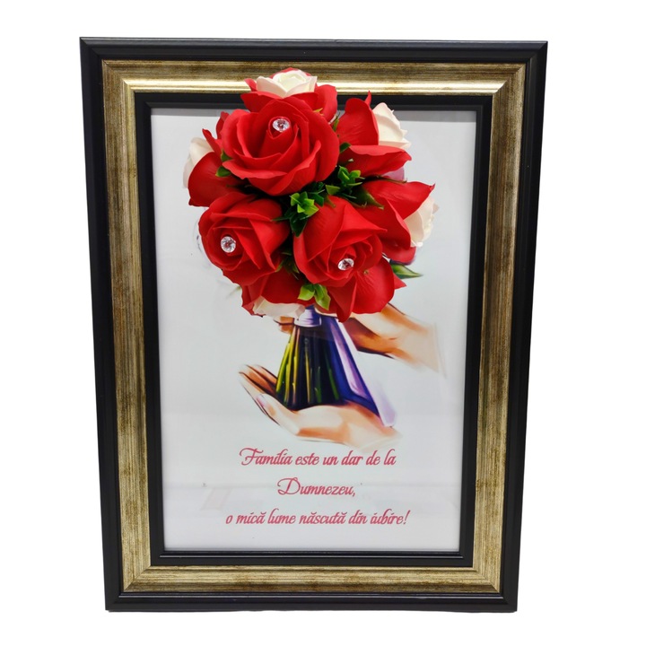 Tablou in rama A4 (30x21 cm) - Familia este un dar de la Dumnezeu, o mica lume nascuta din iubire! - v8 decorat cu flori de sapun rosii