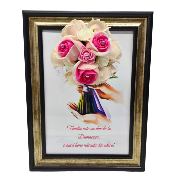 Tablou in rama A4 (30x21 cm) - Familia este un dar de la Dumnezeu, o mica lume nascuta din iubire! - v8 decorat cu flori de sapun roz deschis